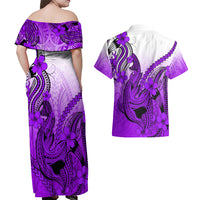 Hawaii Couples Matching Off Shoulder Maxi Dress and Hawaiian Shirt Polynesian Shark Tattoo With Plumeria Purple Gradient - Wonder Print Shop