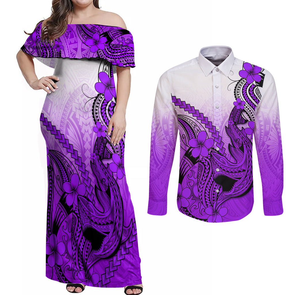 Hawaii Couples Matching Off Shoulder Maxi Dress and Long Sleeve Button Shirts Polynesian Shark Tattoo With Plumeria Purple Gradient - Wonder Print Shop