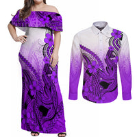 Hawaii Couples Matching Off Shoulder Maxi Dress and Long Sleeve Button Shirts Polynesian Shark Tattoo With Plumeria Purple Gradient - Wonder Print Shop