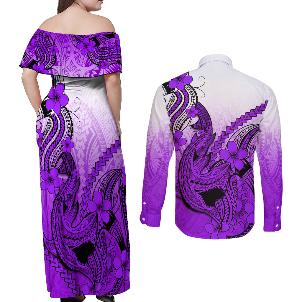 Hawaii Couples Matching Off Shoulder Maxi Dress and Long Sleeve Button Shirts Polynesian Shark Tattoo With Plumeria Purple Gradient - Wonder Print Shop