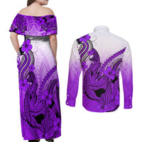 Hawaii Couples Matching Off Shoulder Maxi Dress and Long Sleeve Button Shirts Polynesian Shark Tattoo With Plumeria Purple Gradient - Wonder Print Shop
