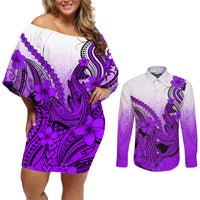 Hawaii Couples Matching Off Shoulder Short Dress and Long Sleeve Button Shirts Polynesian Shark Tattoo With Plumeria Purple Gradient - Wonder Print Shop