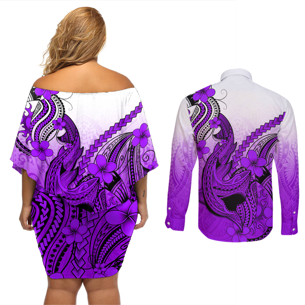 Hawaii Couples Matching Off Shoulder Short Dress and Long Sleeve Button Shirts Polynesian Shark Tattoo With Plumeria Purple Gradient - Wonder Print Shop