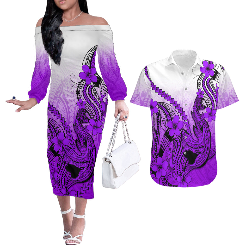 Hawaii Couples Matching Off The Shoulder Long Sleeve Dress and Hawaiian Shirt Polynesian Shark Tattoo With Plumeria Purple Gradient - Wonder Print Shop