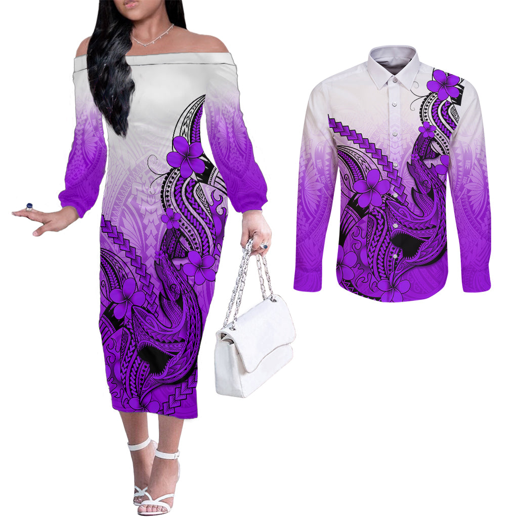 hawaii-couples-matching-off-the-shoulder-long-sleeve-dress-and-long-sleeve-button-shirts-polynesian-shark-tattoo-with-plumeria-purple-gradient