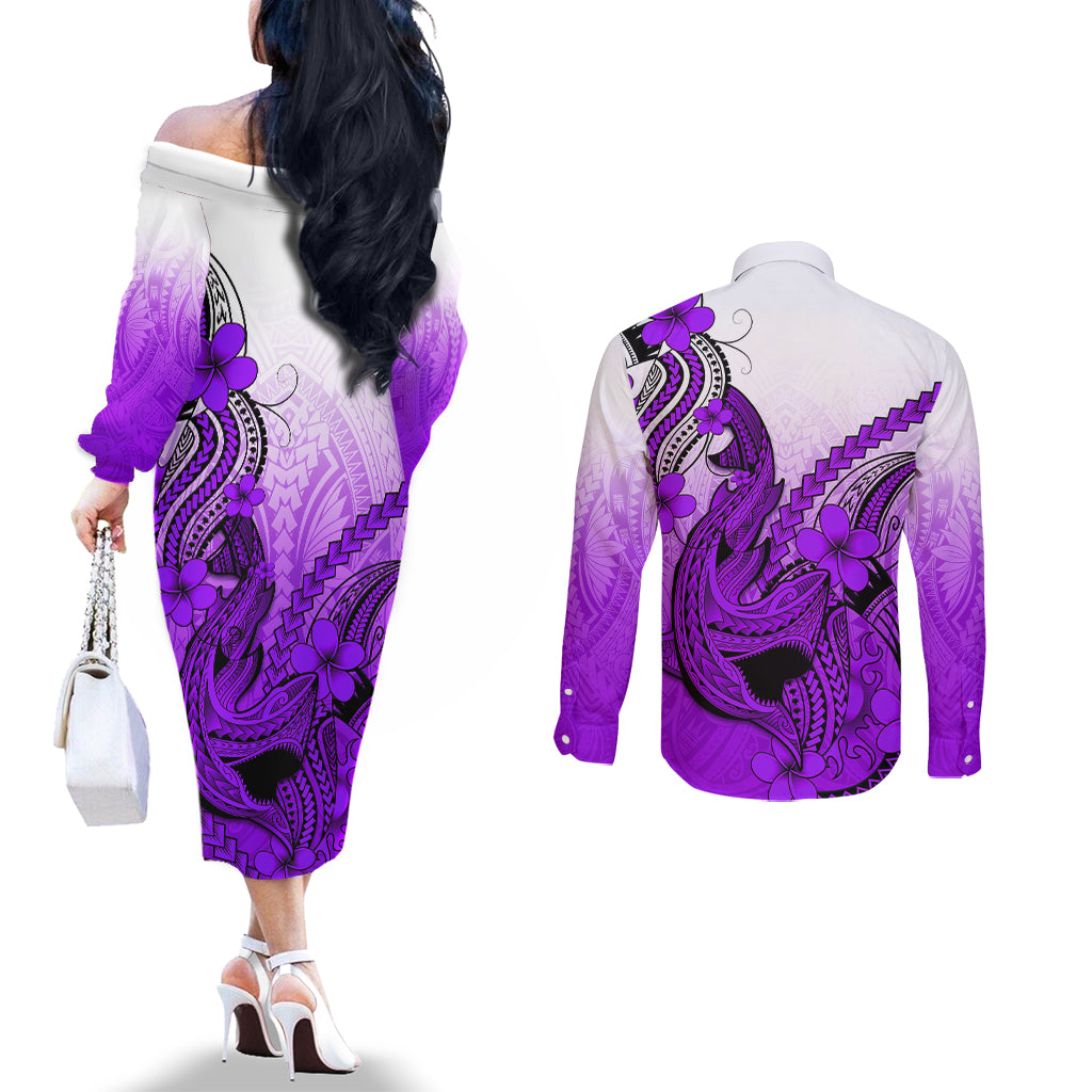 hawaii-couples-matching-off-the-shoulder-long-sleeve-dress-and-long-sleeve-button-shirts-polynesian-shark-tattoo-with-plumeria-purple-gradient