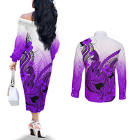 hawaii-couples-matching-off-the-shoulder-long-sleeve-dress-and-long-sleeve-button-shirts-polynesian-shark-tattoo-with-plumeria-purple-gradient