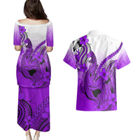 Hawaii Couples Matching Puletasi Dress and Hawaiian Shirt Polynesian Shark Tattoo With Plumeria Purple Gradient - Wonder Print Shop
