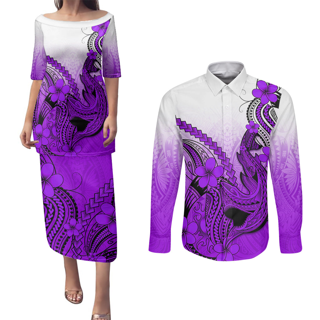 Hawaii Couples Matching Puletasi Dress and Long Sleeve Button Shirts Polynesian Shark Tattoo With Plumeria Purple Gradient - Wonder Print Shop