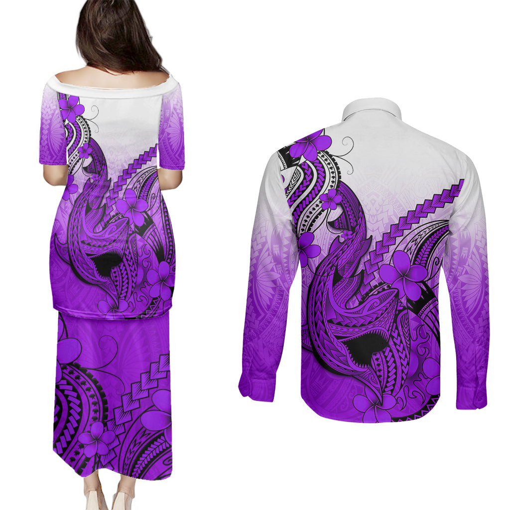 Hawaii Couples Matching Puletasi Dress and Long Sleeve Button Shirts Polynesian Shark Tattoo With Plumeria Purple Gradient - Wonder Print Shop