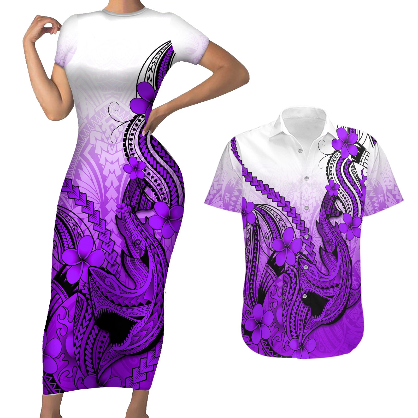 hawaii-couples-matching-short-sleeve-bodycon-dress-and-hawaiian-shirt-polynesian-shark-tattoo-with-plumeria-purple-gradient