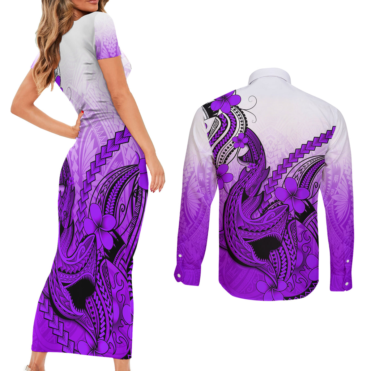 Hawaii Couples Matching Short Sleeve Bodycon Dress and Long Sleeve Button Shirts Polynesian Shark Tattoo With Plumeria Purple Gradient - Wonder Print Shop