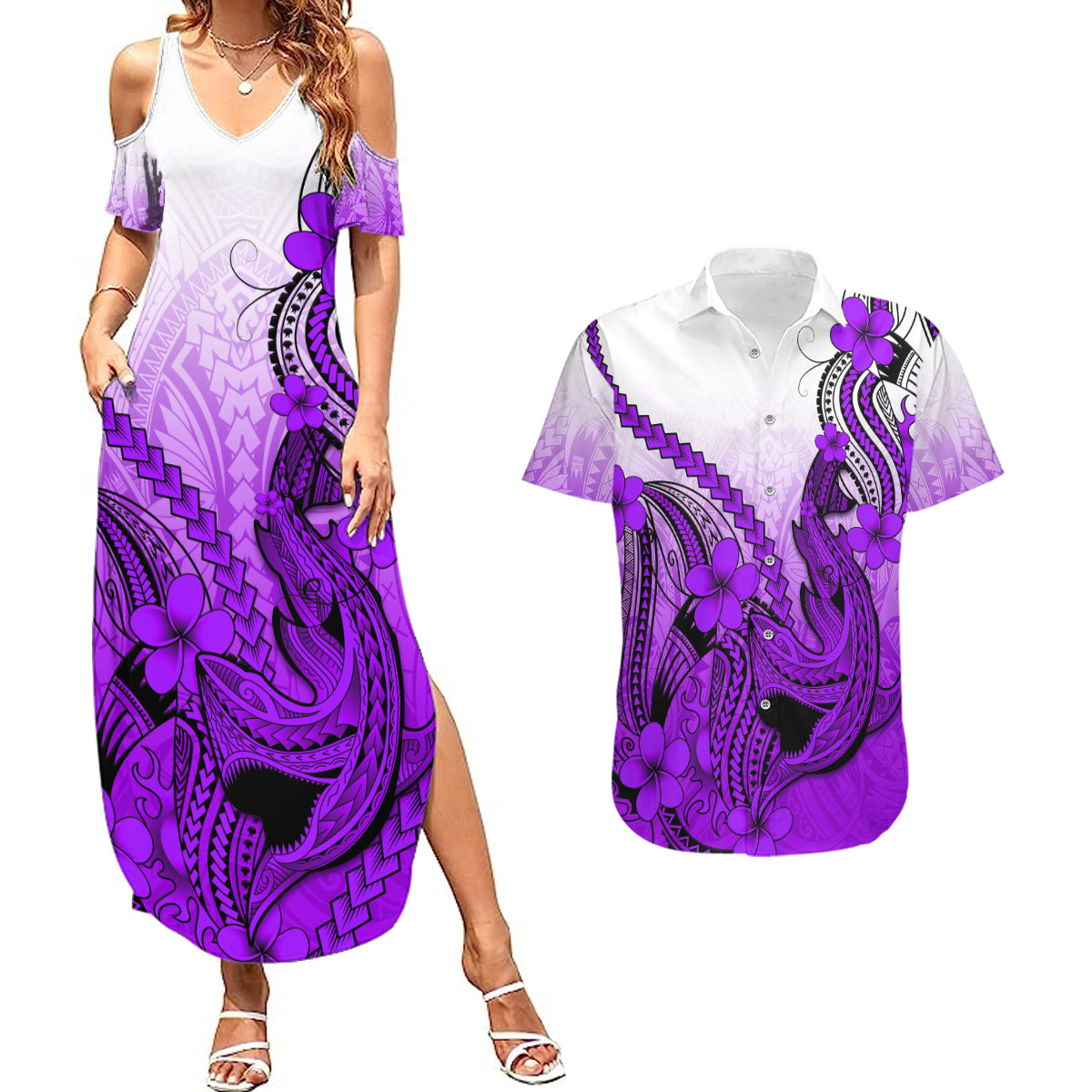 Hawaii Couples Matching Summer Maxi Dress and Hawaiian Shirt Polynesian Shark Tattoo With Plumeria Purple Gradient - Wonder Print Shop