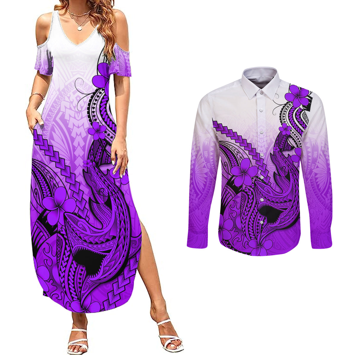 Hawaii Couples Matching Summer Maxi Dress and Long Sleeve Button Shirts Polynesian Shark Tattoo With Plumeria Purple Gradient - Wonder Print Shop