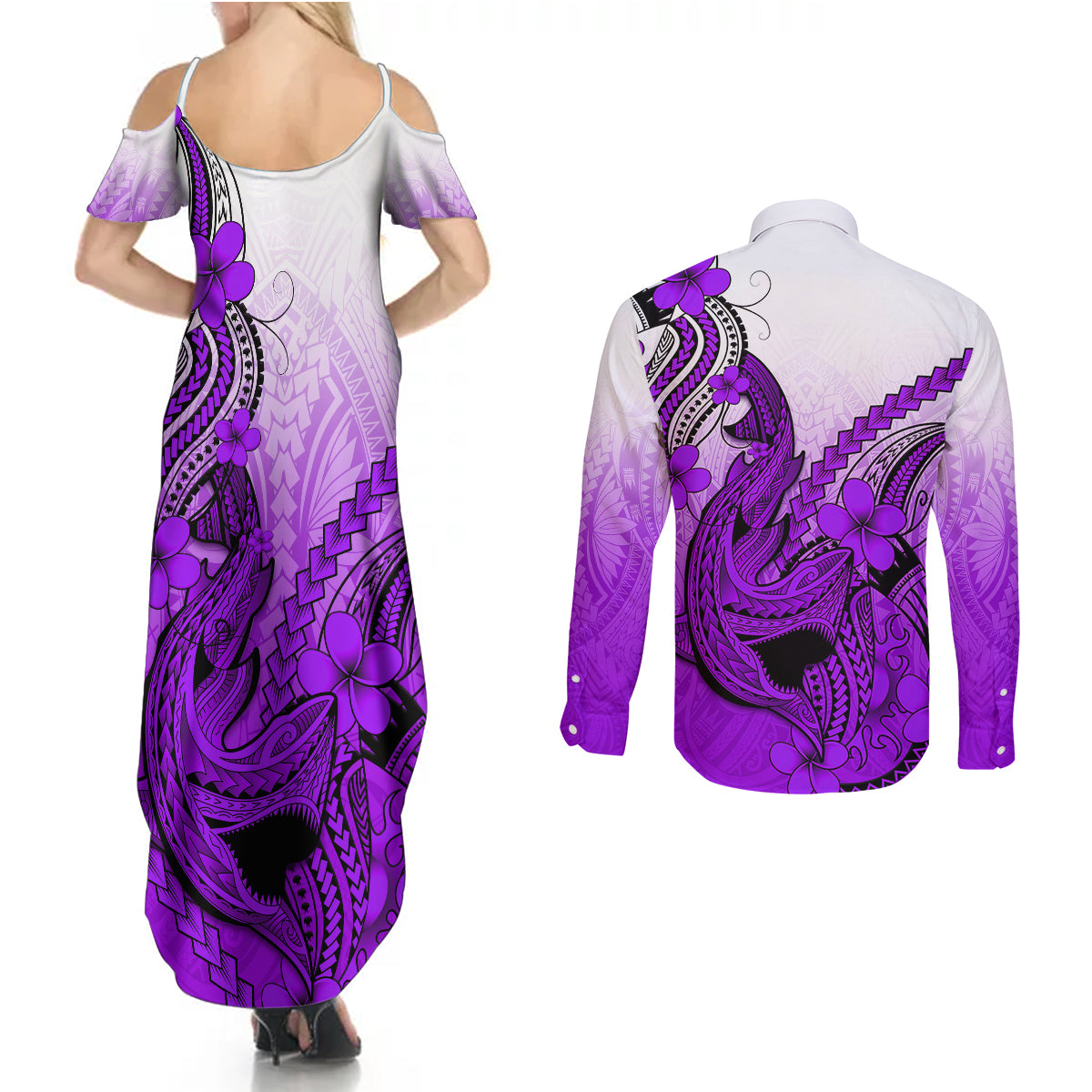 Hawaii Couples Matching Summer Maxi Dress and Long Sleeve Button Shirts Polynesian Shark Tattoo With Plumeria Purple Gradient - Wonder Print Shop