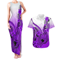 Hawaii Couples Matching Tank Maxi Dress And Hawaiian Shirt Polynesian Shark Tattoo With Plumeria Purple Gradient - Wonder Print Shop