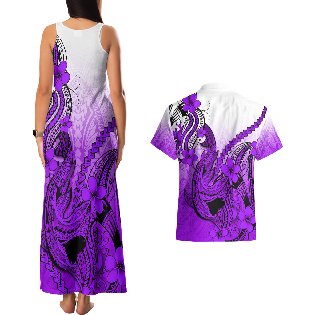 Hawaii Couples Matching Tank Maxi Dress And Hawaiian Shirt Polynesian Shark Tattoo With Plumeria Purple Gradient - Wonder Print Shop