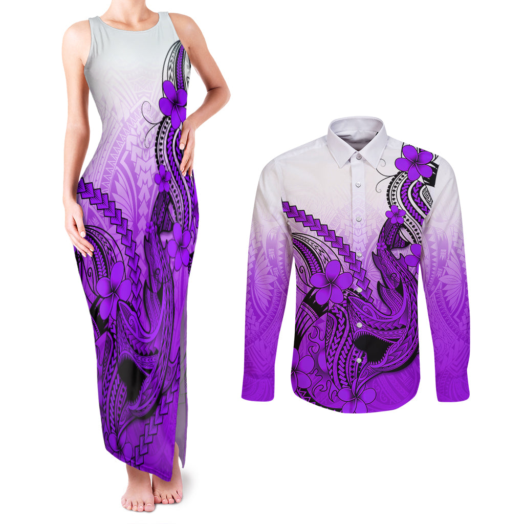 Hawaii Couples Matching Tank Maxi Dress and Long Sleeve Button Shirts Polynesian Shark Tattoo With Plumeria Purple Gradient - Wonder Print Shop
