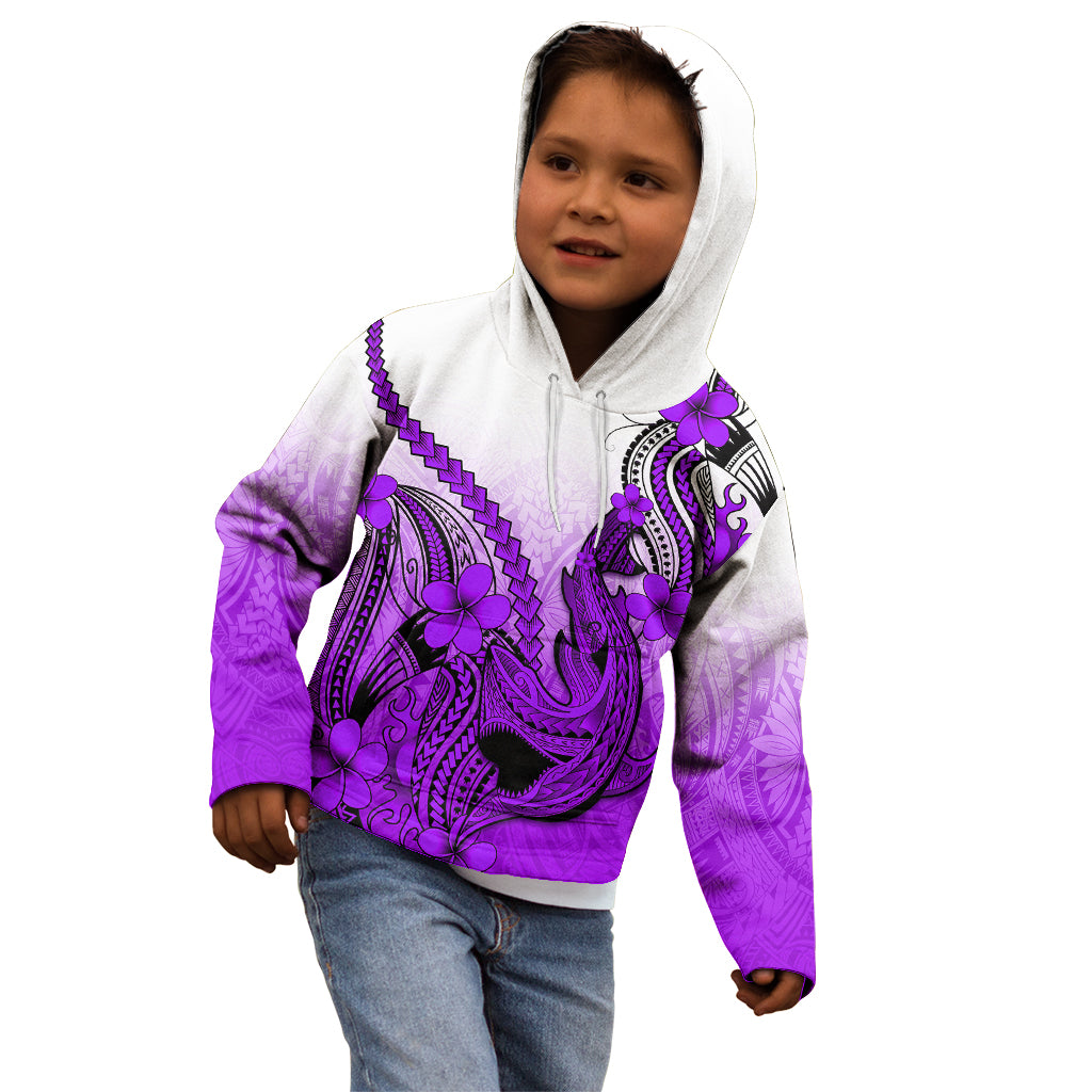 Hawaii Kid Hoodie Polynesian Shark Tattoo With Plumeria Purple Gradient - Wonder Print Shop