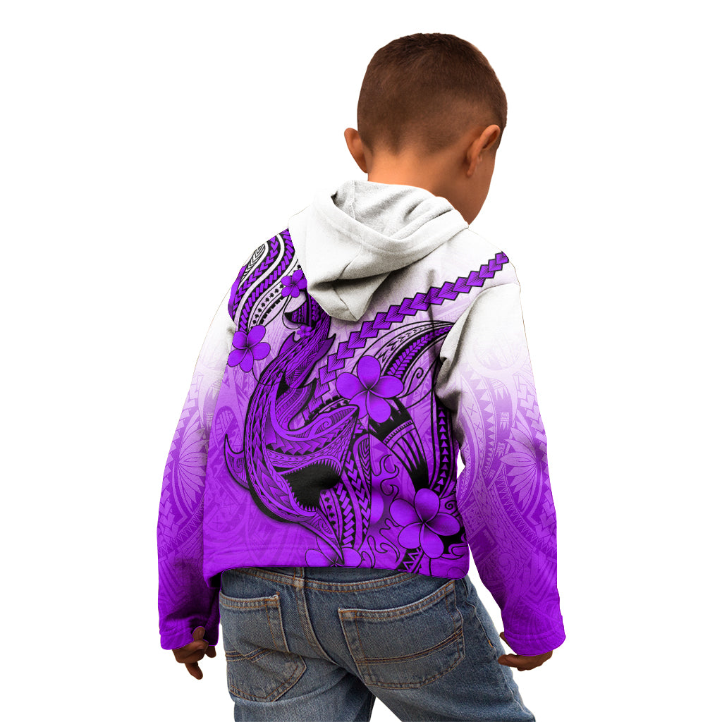 Hawaii Kid Hoodie Polynesian Shark Tattoo With Plumeria Purple Gradient - Wonder Print Shop