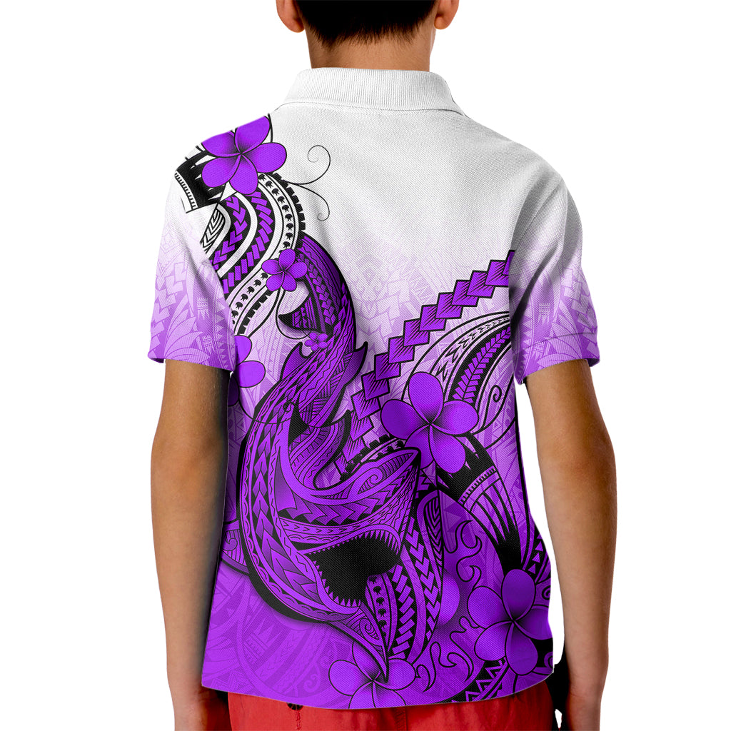 Hawaii Kid Polo Shirt Polynesian Shark Tattoo With Plumeria Purple Gradient - Wonder Print Shop
