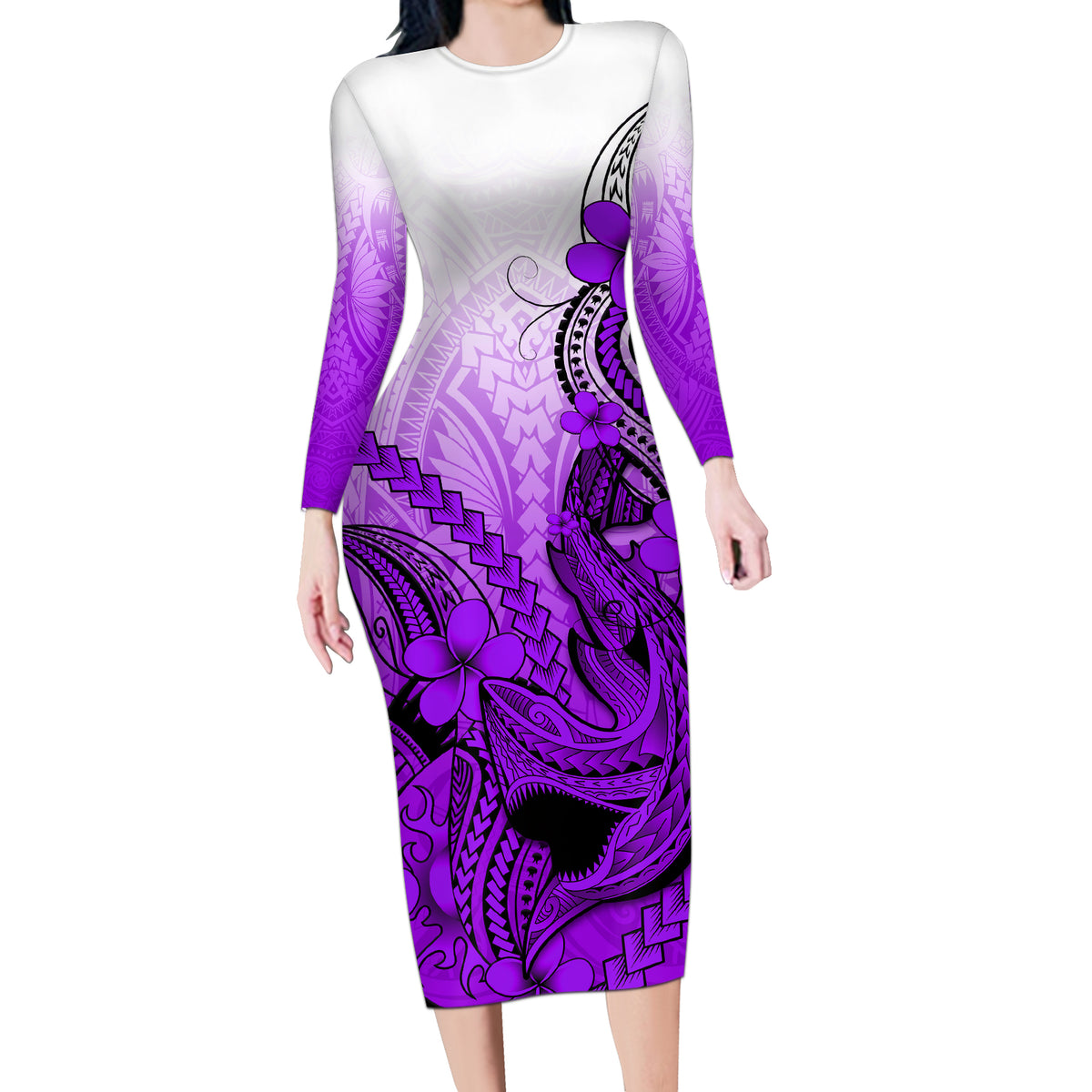 Hawaii Long Sleeve Bodycon Dress Polynesian Shark Tattoo With Plumeria Purple Gradient - Wonder Print Shop