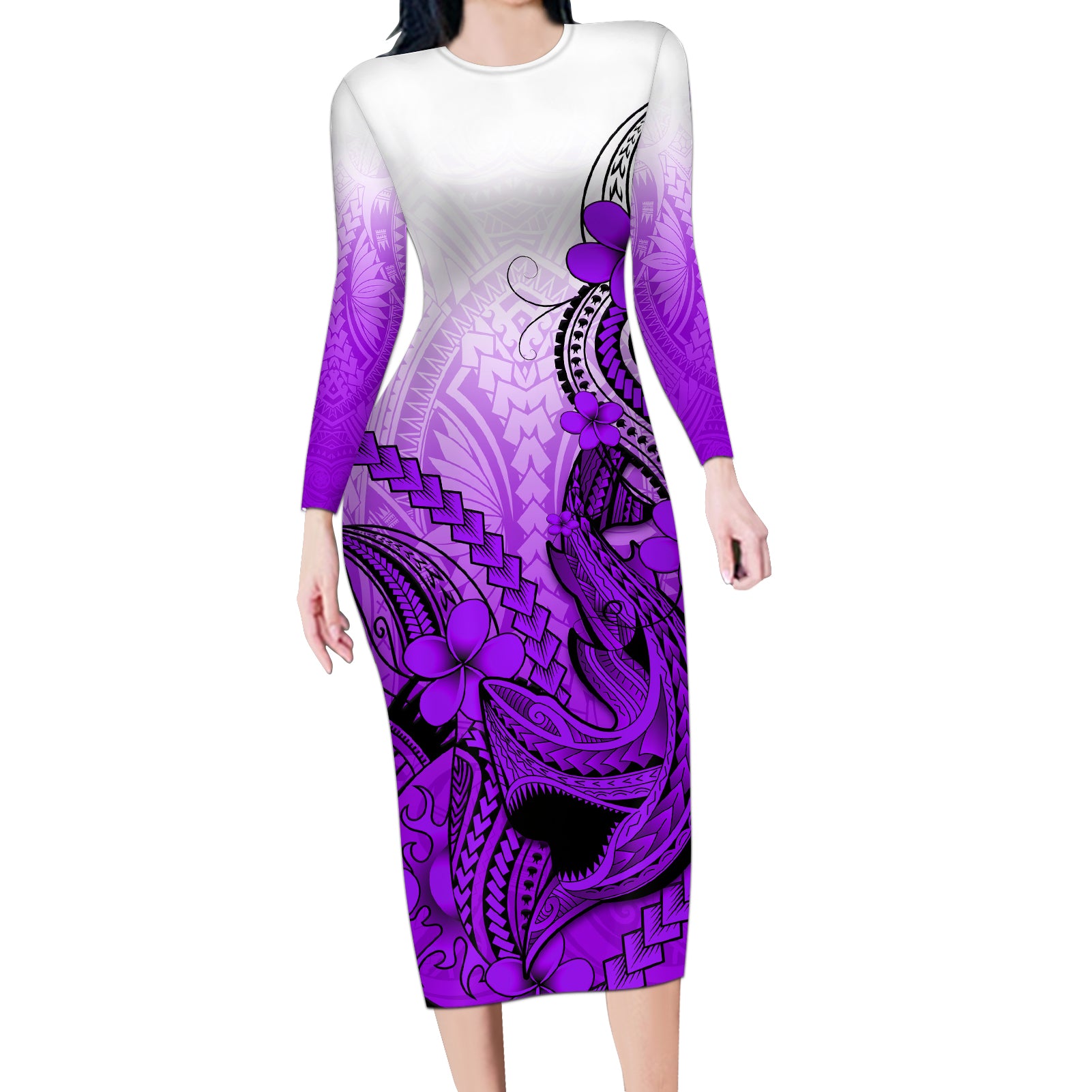 Hawaii Long Sleeve Bodycon Dress Polynesian Shark Tattoo With Plumeria Purple Gradient - Wonder Print Shop