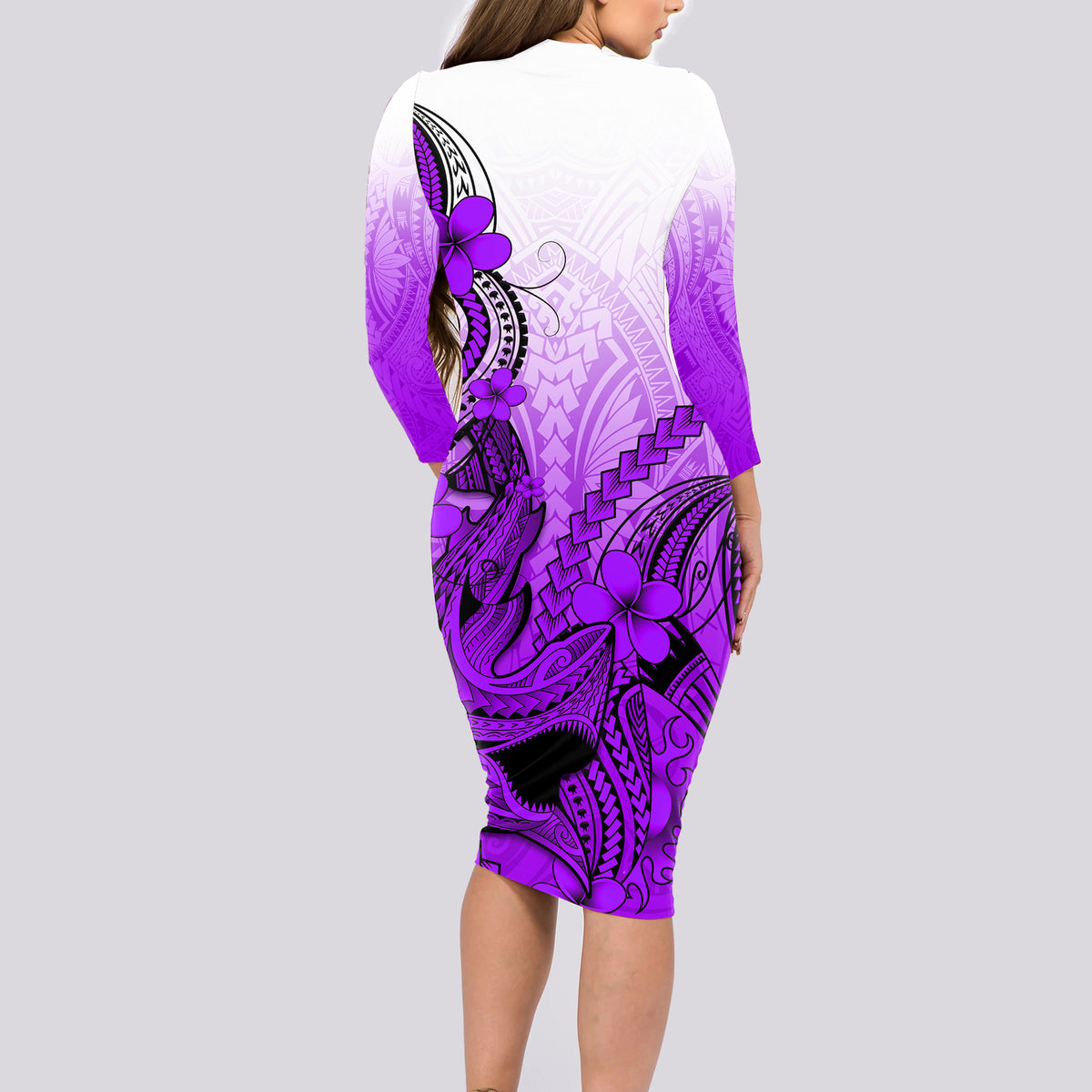 Hawaii Long Sleeve Bodycon Dress Polynesian Shark Tattoo With Plumeria Purple Gradient - Wonder Print Shop