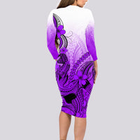 Hawaii Long Sleeve Bodycon Dress Polynesian Shark Tattoo With Plumeria Purple Gradient - Wonder Print Shop
