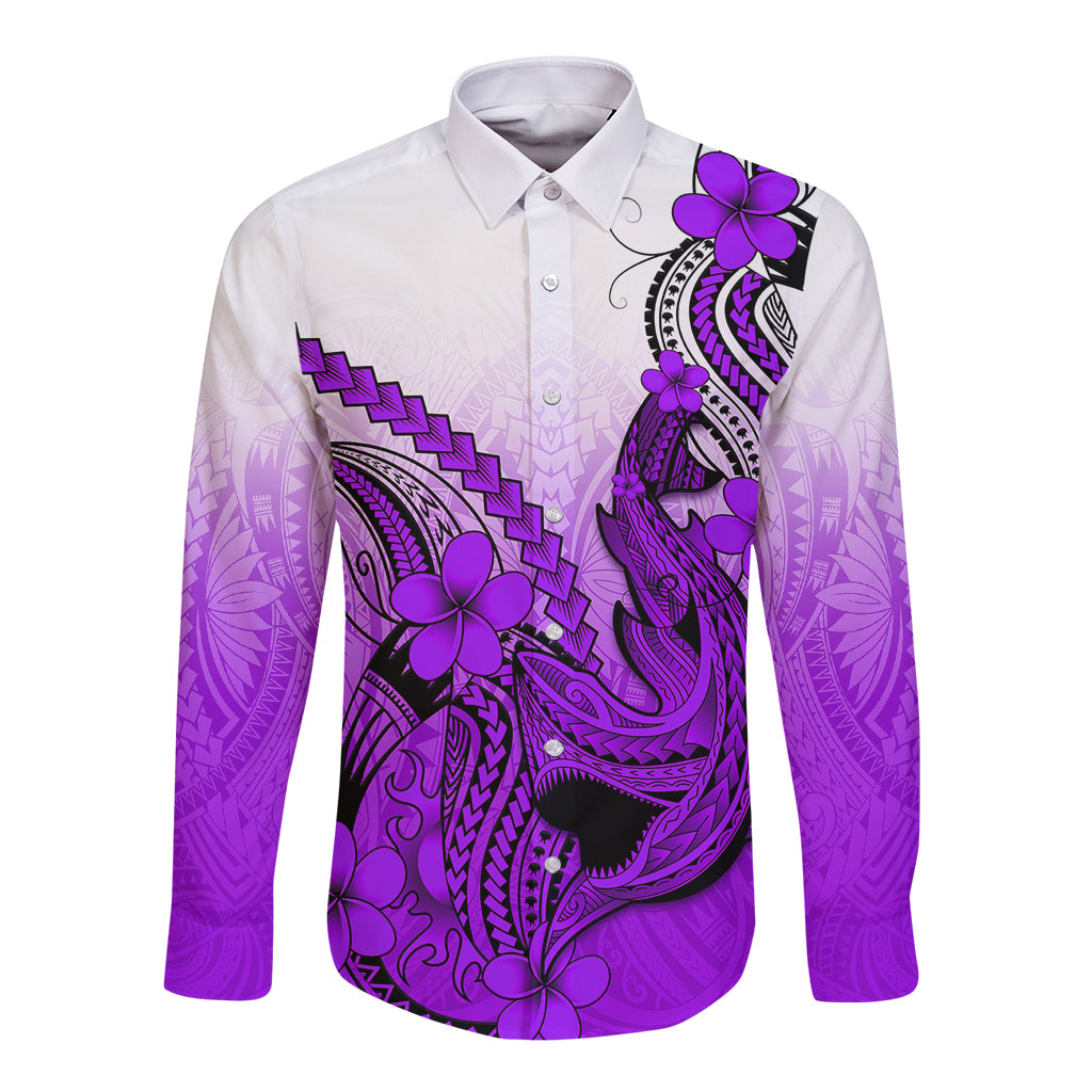 Hawaii Long Sleeve Button Shirt Polynesian Shark Tattoo With Plumeria Purple Gradient - Wonder Print Shop