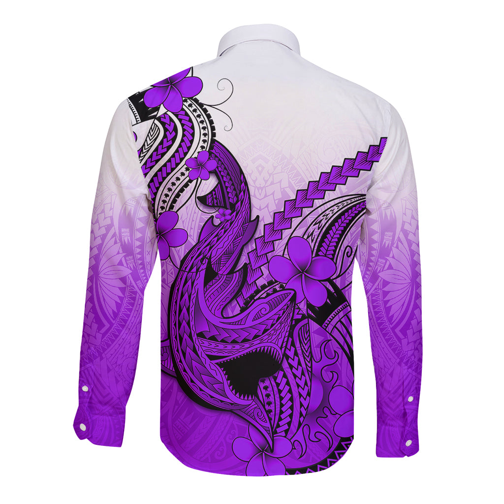Hawaii Long Sleeve Button Shirt Polynesian Shark Tattoo With Plumeria Purple Gradient - Wonder Print Shop