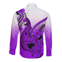 Hawaii Long Sleeve Button Shirt Polynesian Shark Tattoo With Plumeria Purple Gradient - Wonder Print Shop
