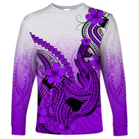 Hawaii Long Sleeve Shirt Polynesian Shark Tattoo With Plumeria Purple Gradient - Wonder Print Shop