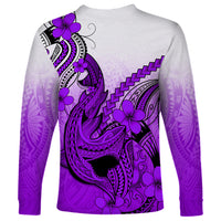 Hawaii Long Sleeve Shirt Polynesian Shark Tattoo With Plumeria Purple Gradient - Wonder Print Shop