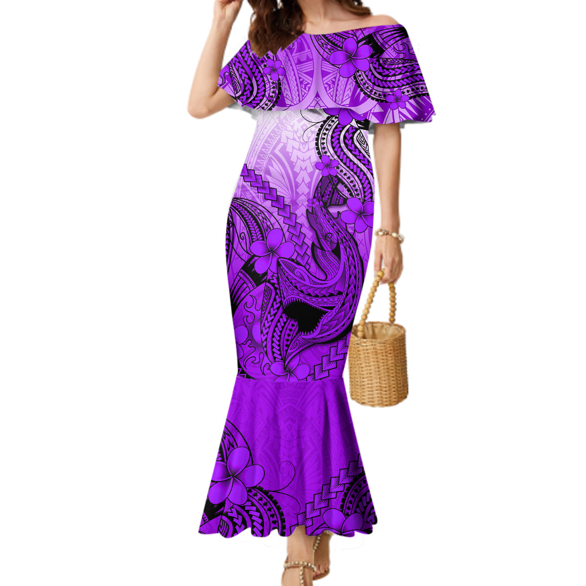 Hawaii Mermaid Dress Polynesian Shark Tattoo With Plumeria Purple Gradient - Wonder Print Shop