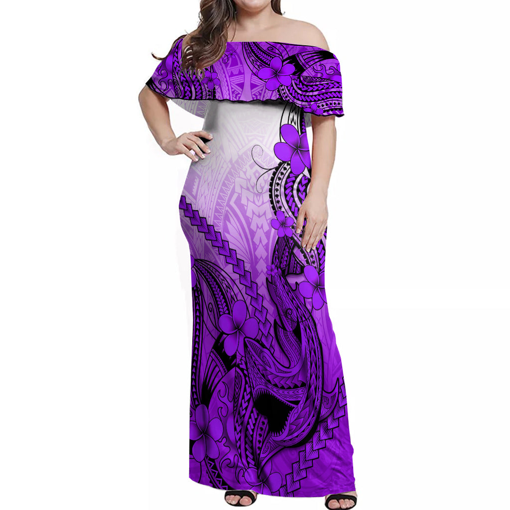 Hawaii Off Shoulder Maxi Dress Polynesian Shark Tattoo With Plumeria Purple Gradient - Wonder Print Shop