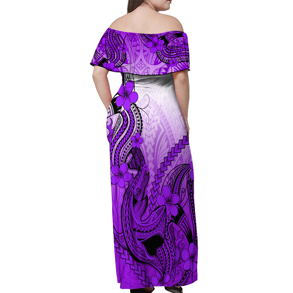 Hawaii Off Shoulder Maxi Dress Polynesian Shark Tattoo With Plumeria Purple Gradient - Wonder Print Shop