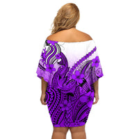 Hawaii Off Shoulder Short Dress Polynesian Shark Tattoo With Plumeria Purple Gradient - Wonder Print Shop