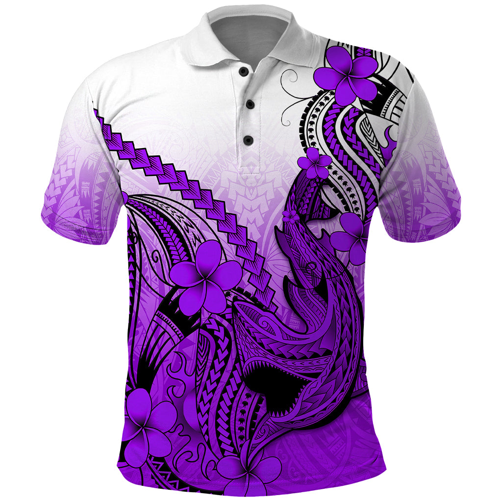 Hawaii Polo Shirt Polynesian Shark Tattoo With Plumeria Purple Gradient - Wonder Print Shop
