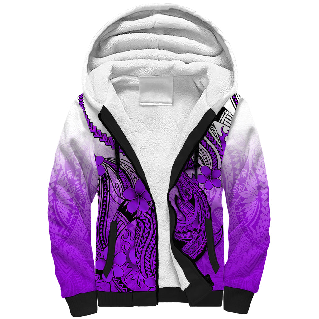 Hawaii Sherpa Hoodie Polynesian Shark Tattoo With Plumeria Purple Gradient - Wonder Print Shop