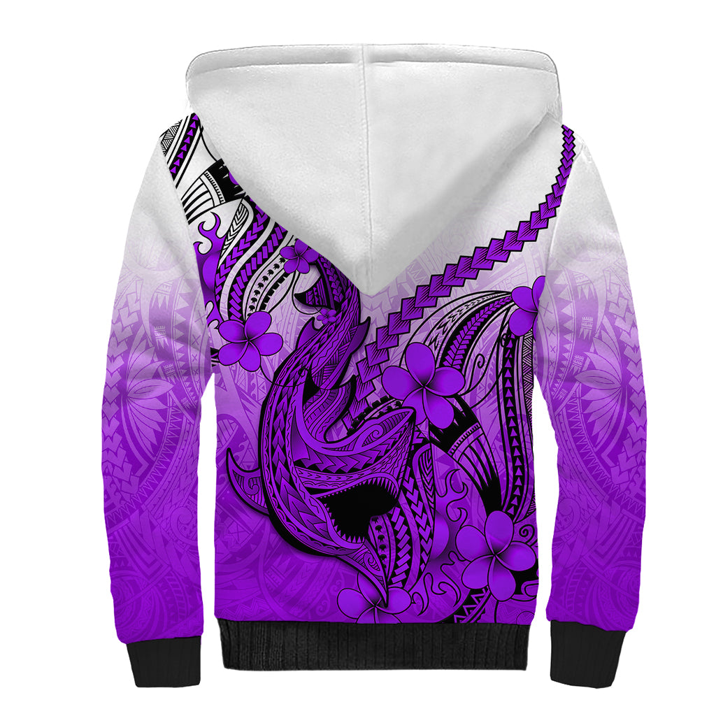 Hawaii Sherpa Hoodie Polynesian Shark Tattoo With Plumeria Purple Gradient - Wonder Print Shop