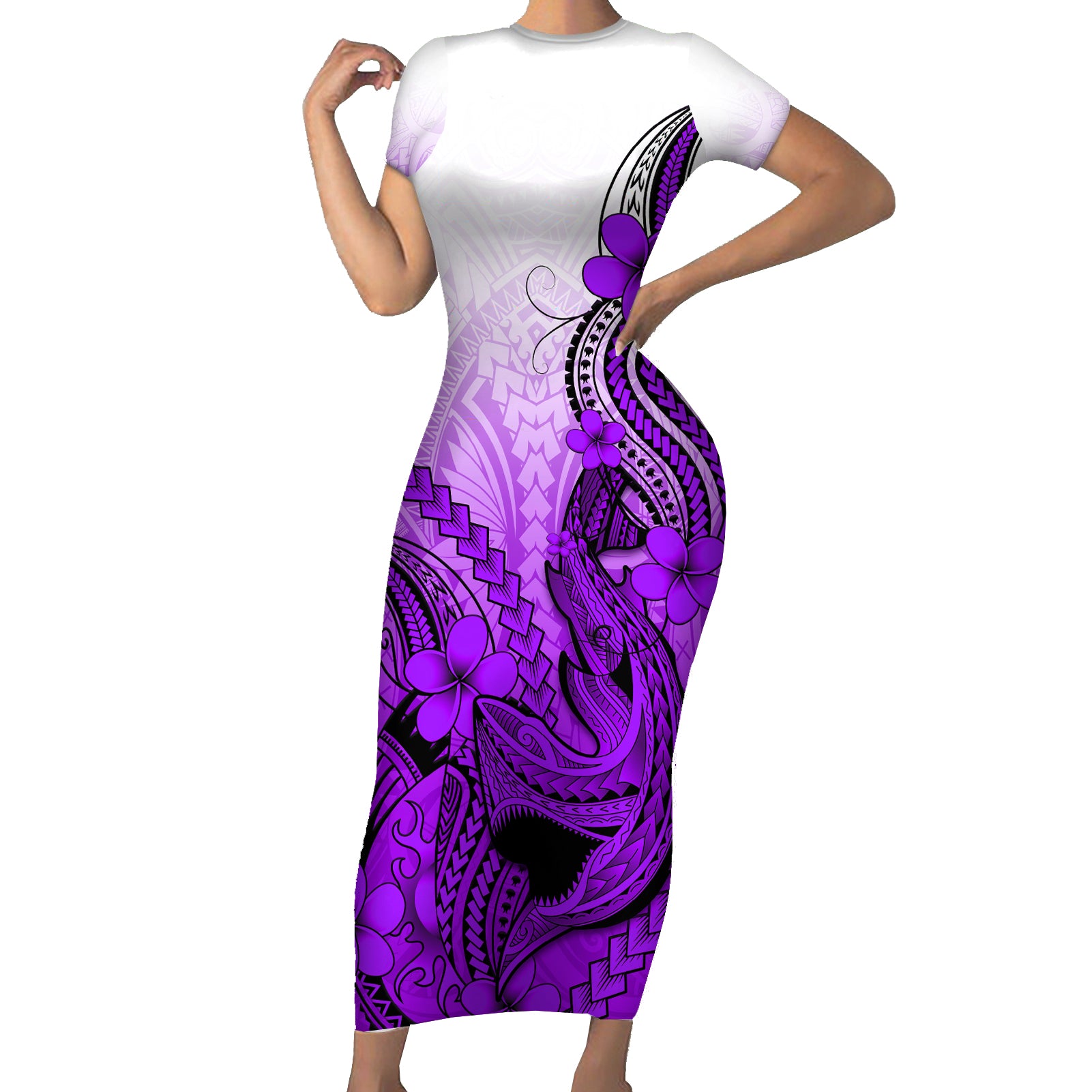 Hawaii Short Sleeve Bodycon Dress Polynesian Shark Tattoo With Plumeria Purple Gradient - Wonder Print Shop