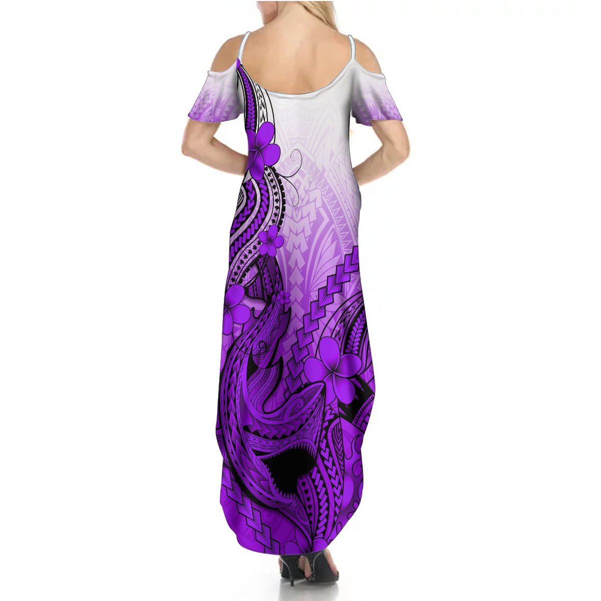 Women's purple gradient maxi dress with off-shoulder sleeves and Polynesian shark print