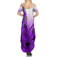 Women's purple gradient maxi dress with off-shoulder sleeves and Polynesian shark print