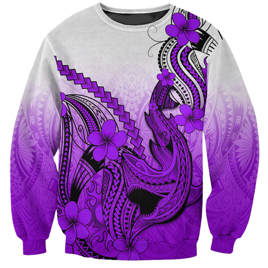 Hawaii Sweatshirt Polynesian Shark Tattoo With Plumeria Purple Gradient - Wonder Print Shop