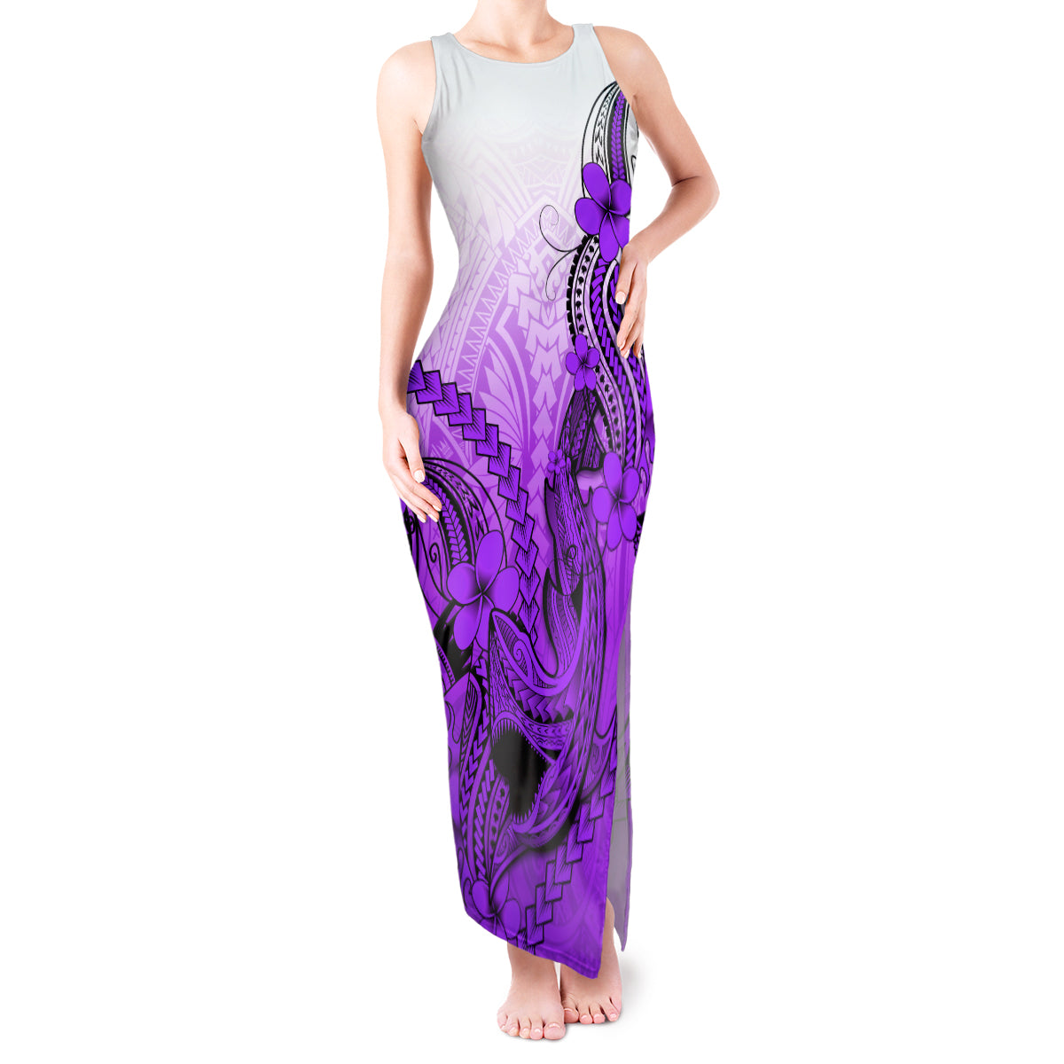 Hawaii Tank Maxi Dress Polynesian Shark Tattoo With Plumeria Purple Gradient - Wonder Print Shop