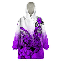 Hawaii Wearable Blanket Hoodie Polynesian Shark Tattoo With Plumeria Purple Gradient - Wonder Print Shop
