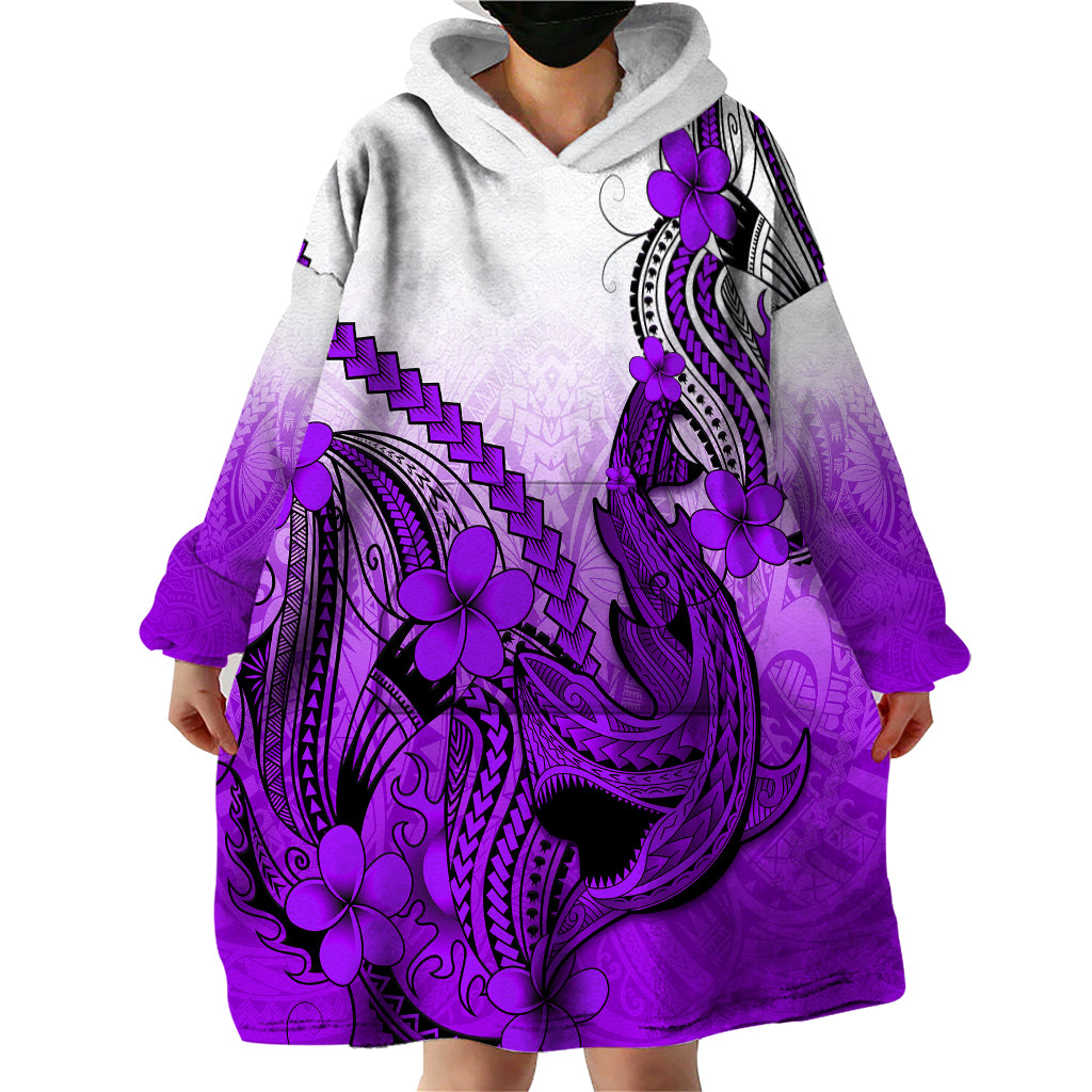 Hawaii Wearable Blanket Hoodie Polynesian Shark Tattoo With Plumeria Purple Gradient - Wonder Print Shop