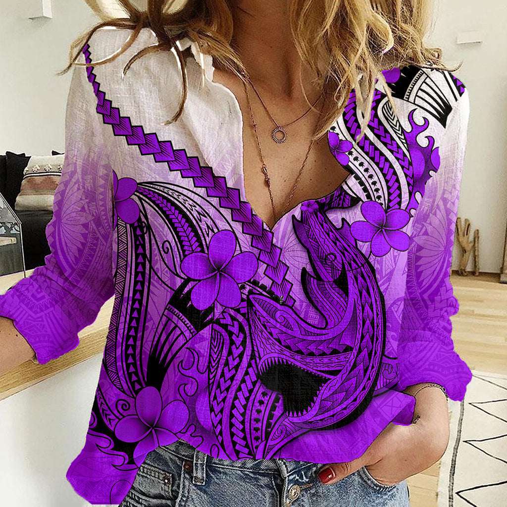 Hawaii Women Casual Shirt Polynesian Shark Tattoo With Plumeria Purple Gradient - Wonder Print Shop