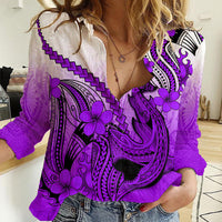 Hawaii Women Casual Shirt Polynesian Shark Tattoo With Plumeria Purple Gradient - Wonder Print Shop